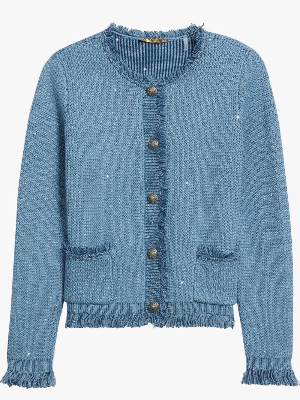 Kobi Halperin Light Blue Fringe-Trim Sequin Cardigan